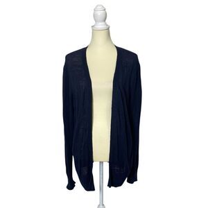 Ann Taylor Linen Blend Navy Blue Open Front Knit Cardigan Women's Size Large
